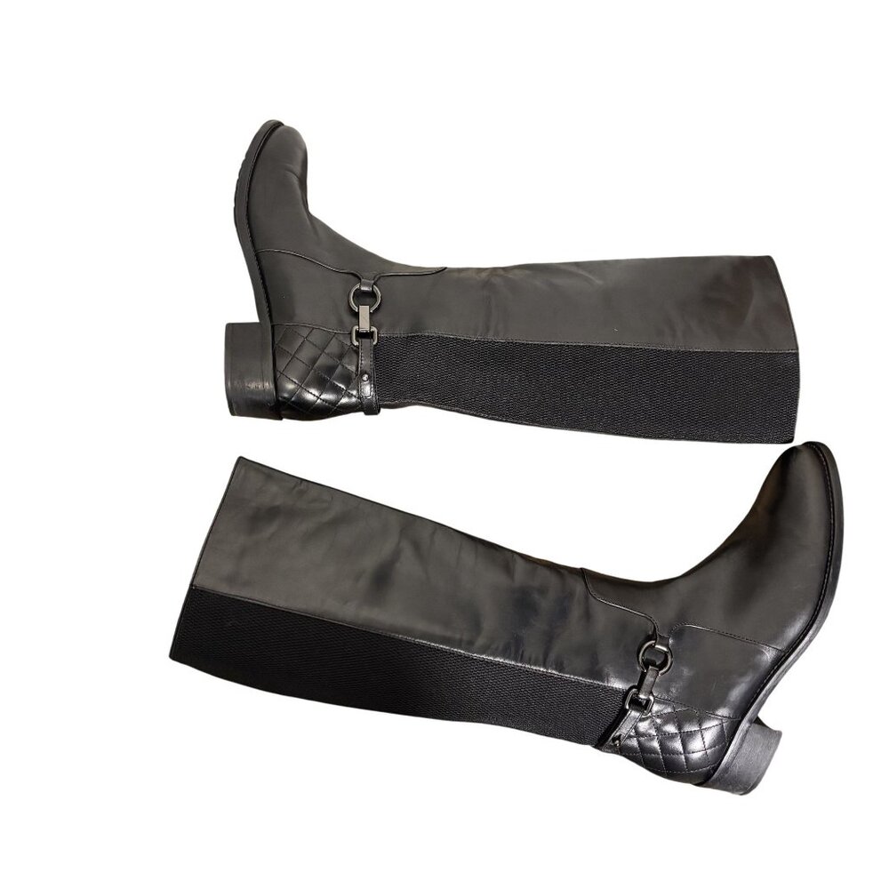 Aquatalia Oralie Equestrian Knee High Boot 8 Black Leather Side Zip Quilted - Picture 3 of 15